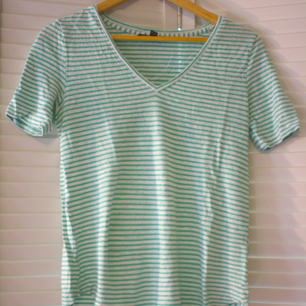 Banana Republic Green Striped V-Neck Shirt